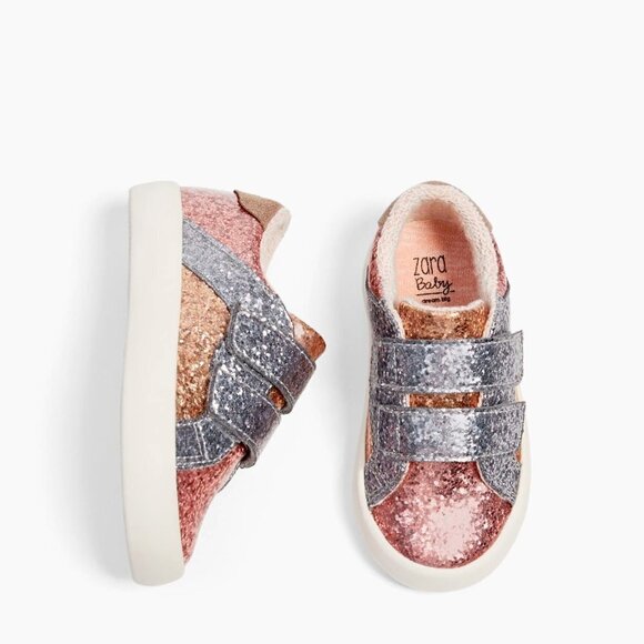 NWOT Zara Baby rose gold, gold & silver shiny glitter effect sneakers - Picture 1 of 15